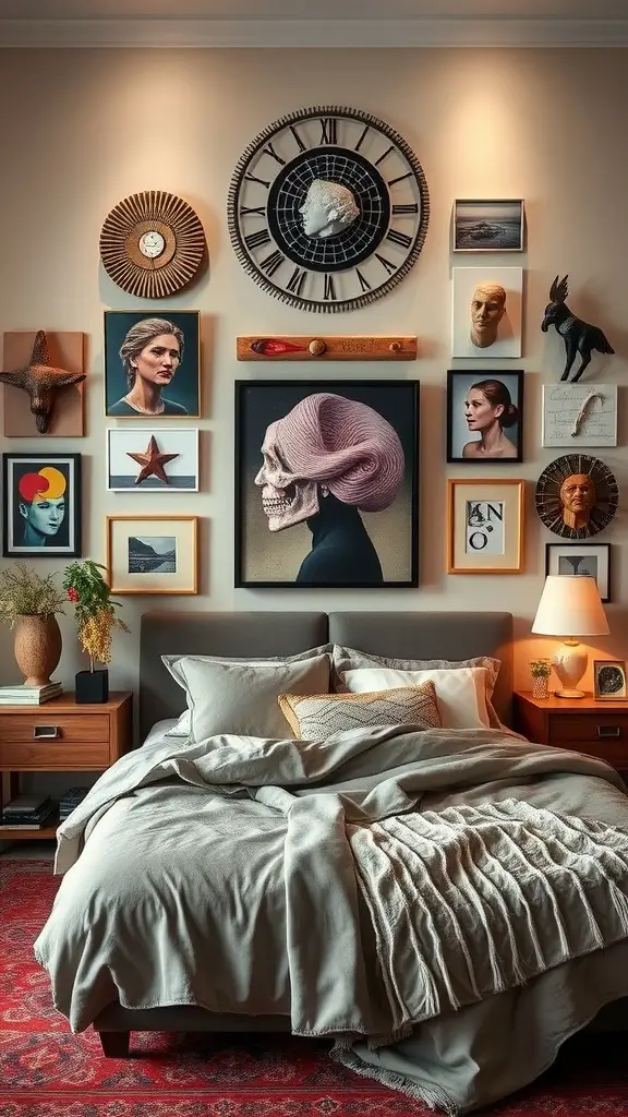 A modern bedroom featuring artistic wall decor with a variety of framed artwork and a clock.