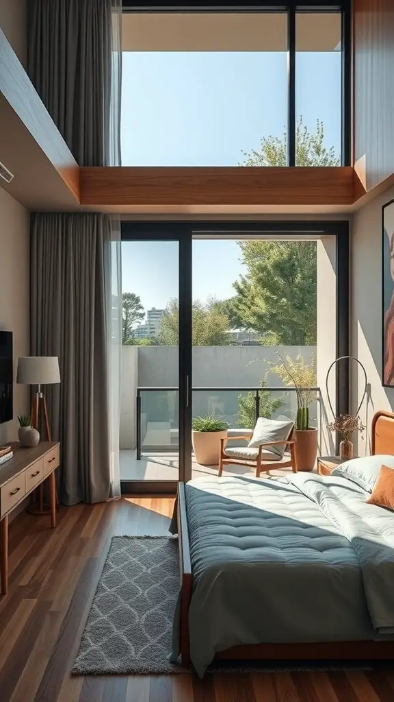 A modern bedroom with a balcony, featuring large windows, a cozy chair, and plants.