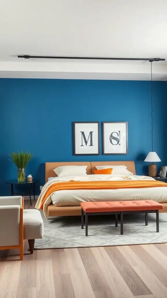 A modern bedroom featuring a blue accent wall, warm-toned bed, orange accents, and framed art.