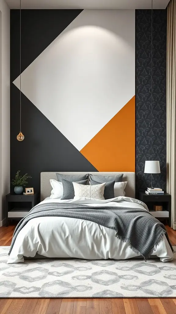 Modern bedroom featuring a bold geometric accent wall in black, white, and orange.