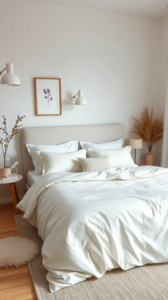 A modern bedroom featuring a neatly made bed with neutral-colored bedding and decorative elements