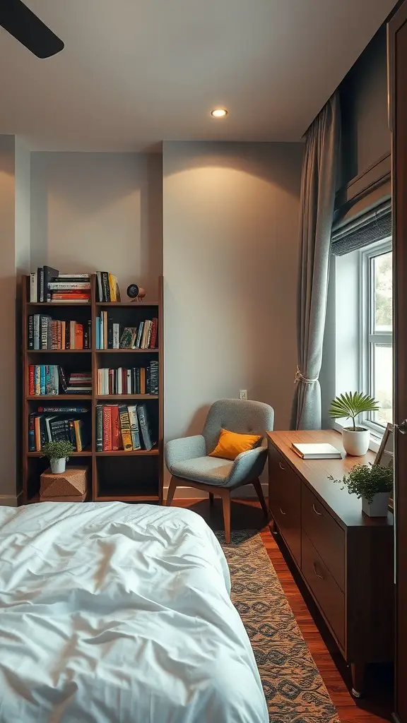 A cozy reading nook featuring a comfortable chair, a bookshelf filled with books, and a small table with a plant.