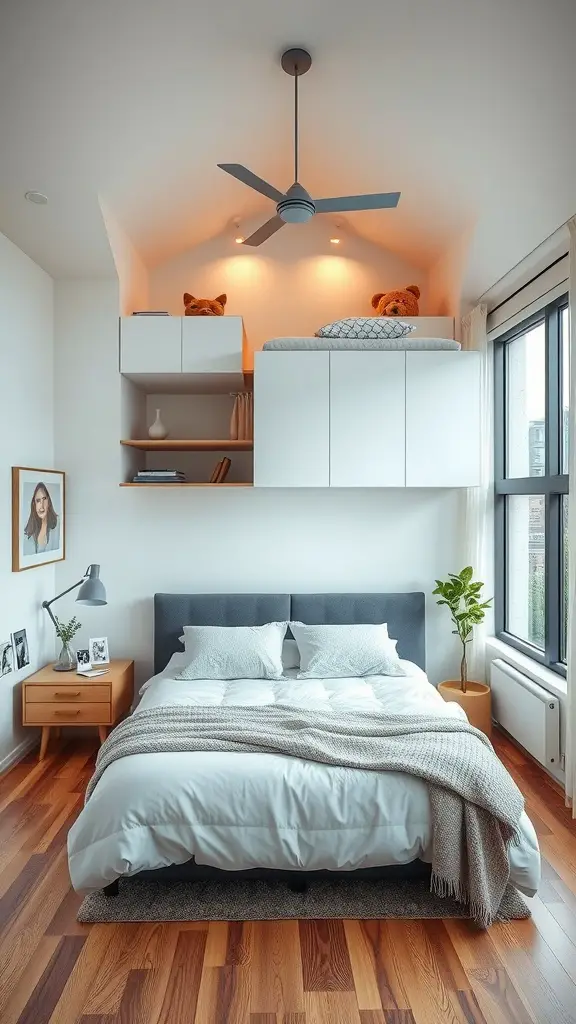 A modern bedroom with a raised platform for storage, a cozy bed, and large windows.