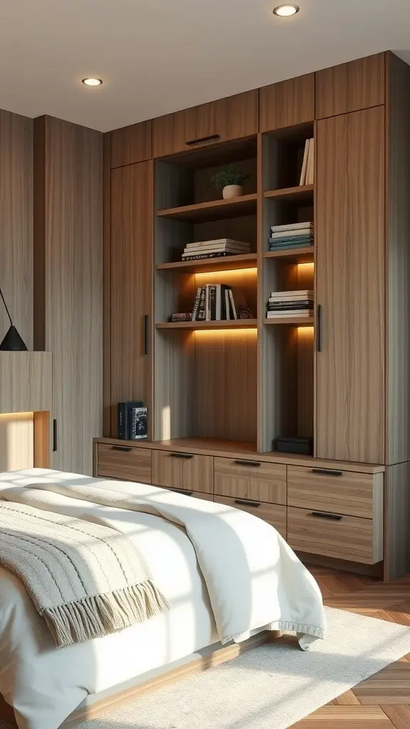 A modern bedroom featuring custom built-in storage with wooden finishes