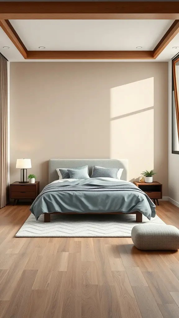 A modern bedroom with customizable wall colors, featuring a cozy bed, wooden flooring, and natural light.