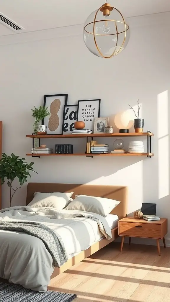 Modern bedroom featuring floating shelves above the bed with books and decor.