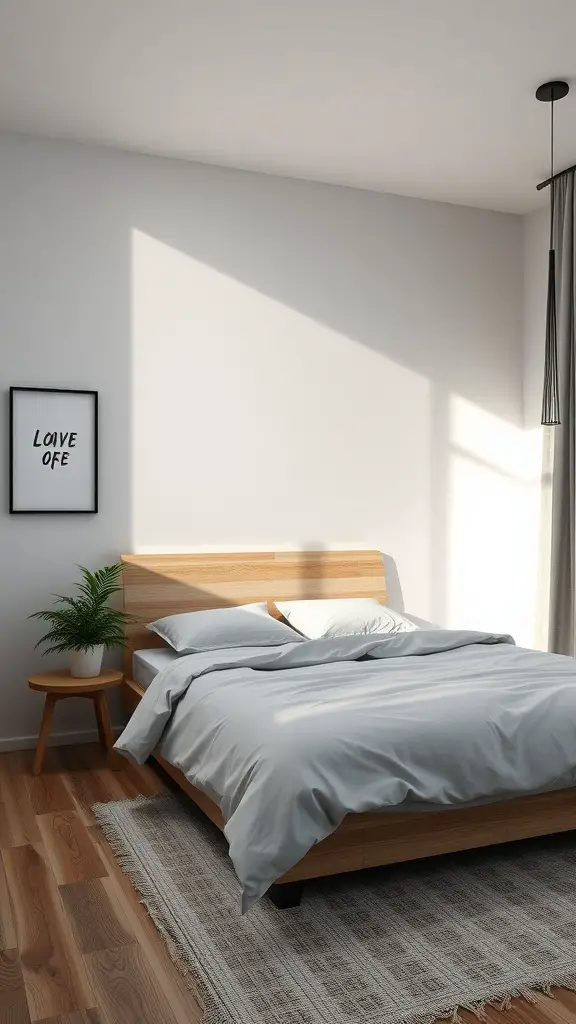 A modern bedroom featuring a wooden bed, light bedding, a side table, and a plant, emphasizing functionality and simplicity.