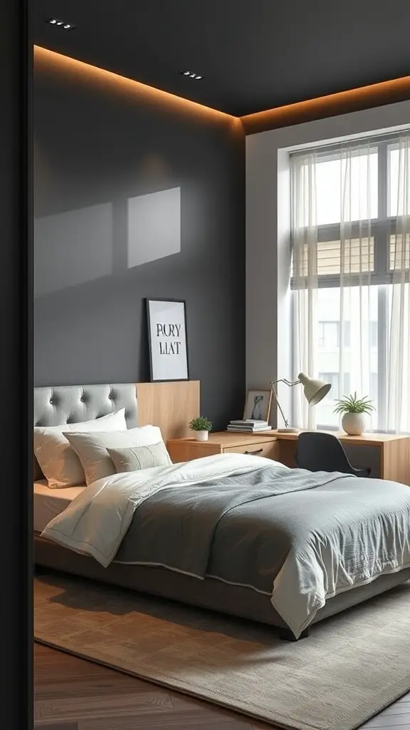 A modern bedroom with a workspace featuring a desk, chair, and cozy bedding.
