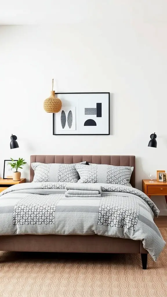 Modern bedroom with geometric patterns in bedding and artwork.