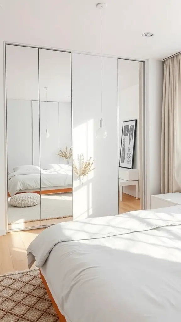A modern bedroom featuring large mirrors that reflect light, creating an airy and bright atmosphere.