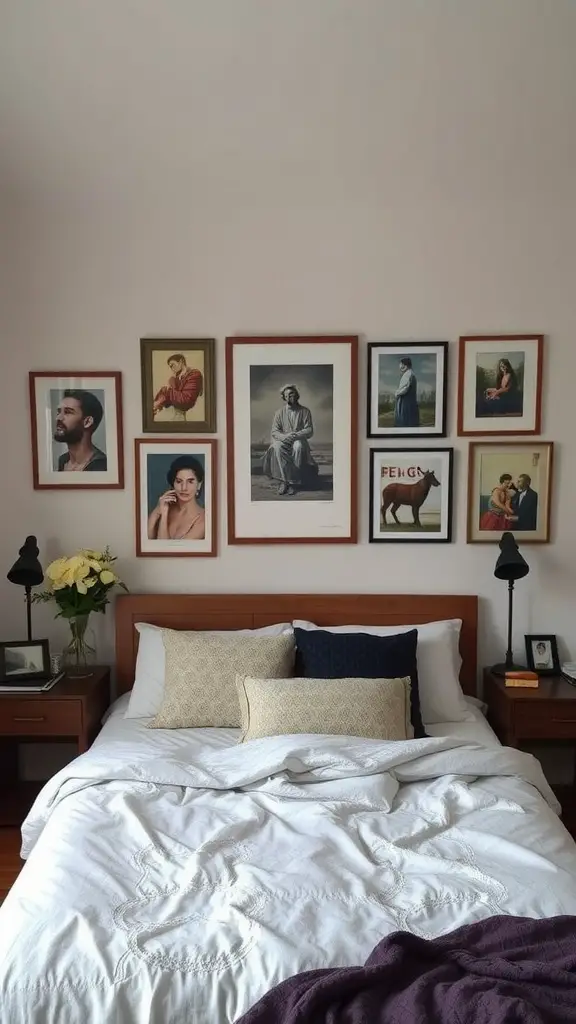 A modern bedroom featuring a gallery wall of various framed portraits and images.
