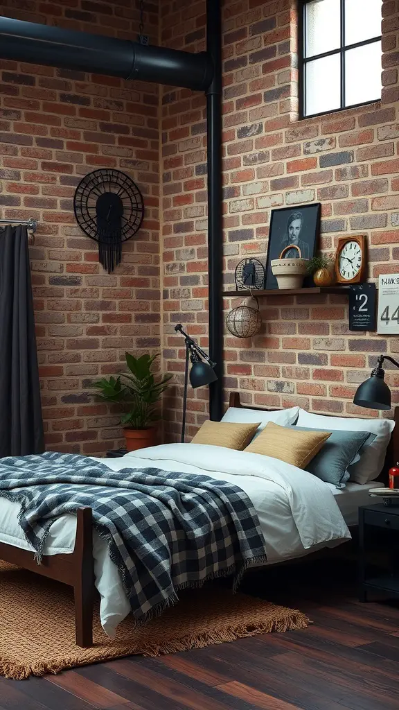 A modern industrial bedroom with exposed brick walls, a wooden bed, and cozy decor.