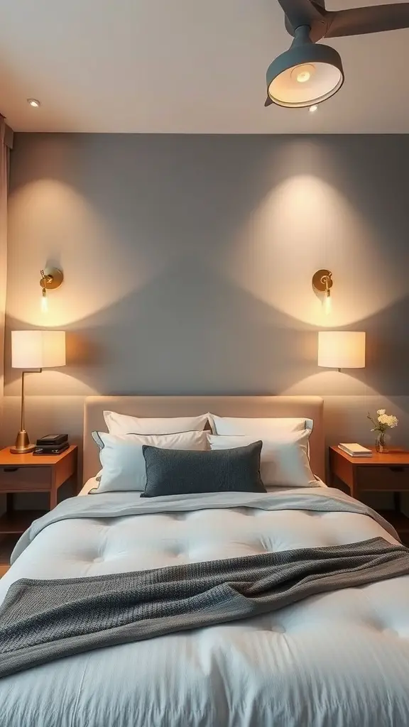 A modern bedroom featuring layered lighting with wall sconces and an overhead fixture.