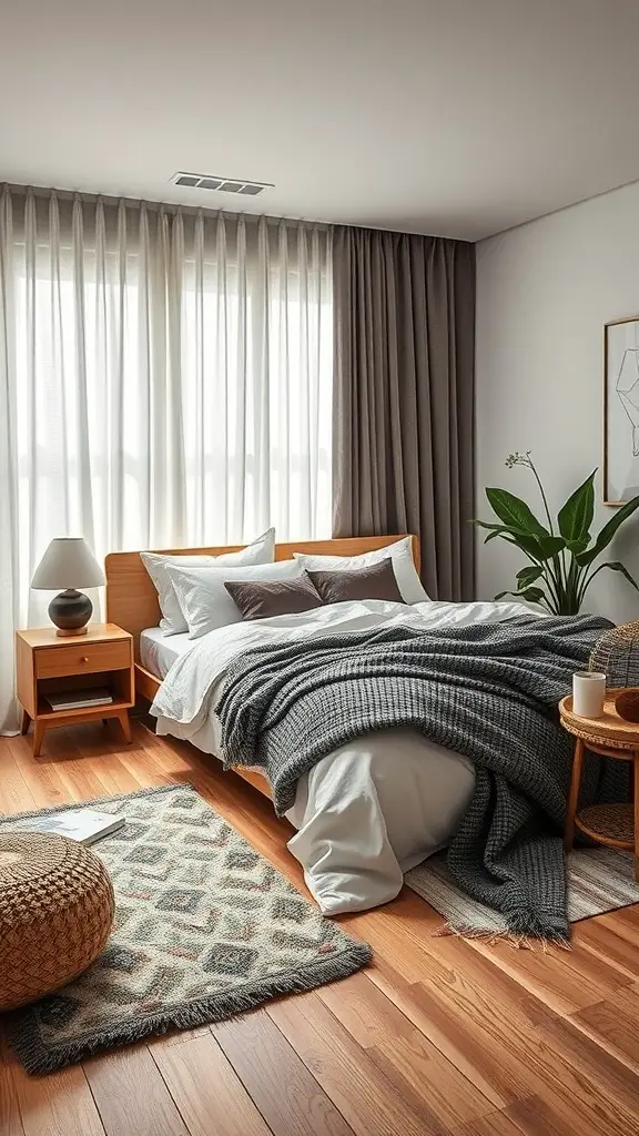 Modern bedroom showcasing layered textures and fabrics