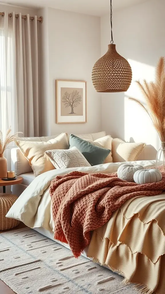 A cozy modern bedroom featuring layered textures with various cushions and throws on the bed.