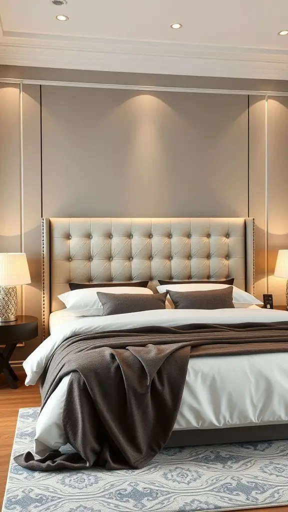 A luxurious upholstered headboard in a modern bedroom, featuring a tufted design and neutral color scheme.