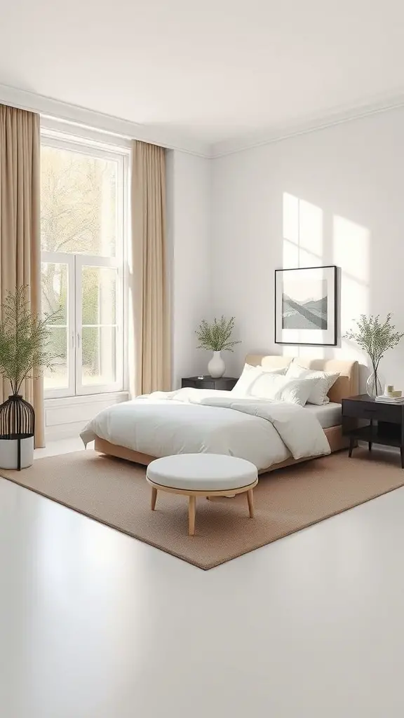 A minimalist bedroom featuring a bed with neutral tones, natural light, and simple decor.