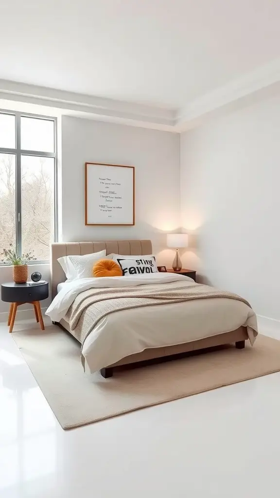 A modern bedroom with a monochromatic color scheme featuring light bedding, an orange accent pillow, and natural light.