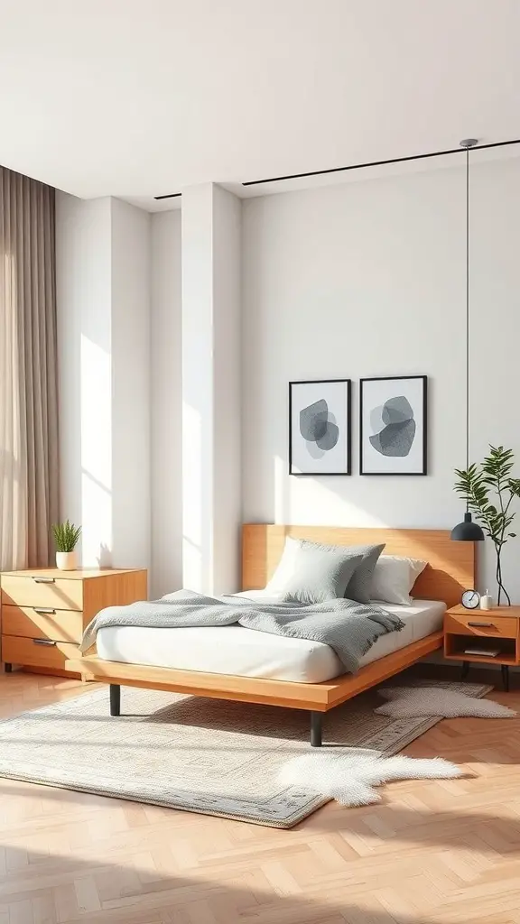 Modern bedroom featuring a wooden bed, nightstand, and dresser with large windows and natural light.