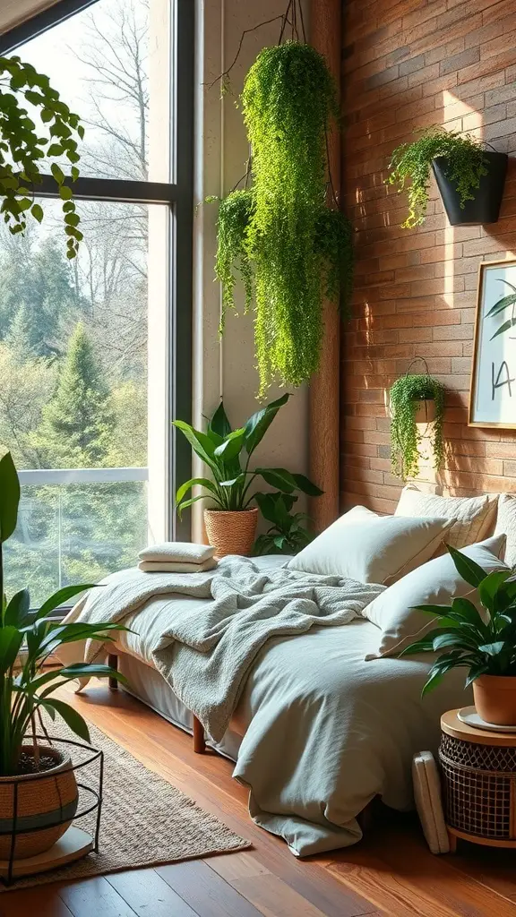 A modern bedroom featuring greenery and natural elements with a cozy atmosphere.