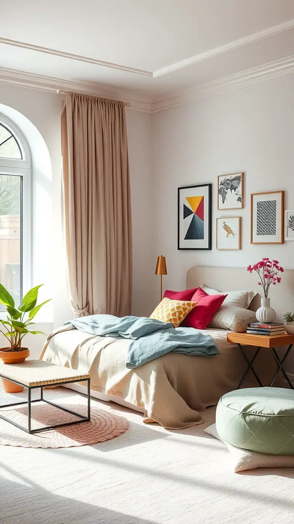 A modern bedroom featuring a neutral color palette with colorful accent pillows and artwork.