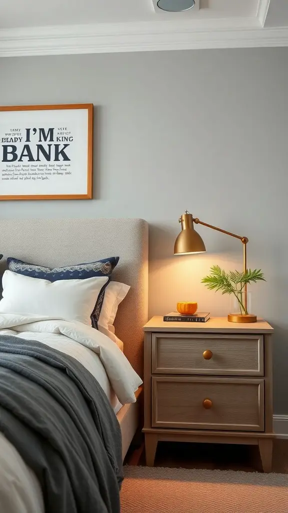 Modern bedroom with a personalized nightstand featuring a lamp, plant, and decorative items.