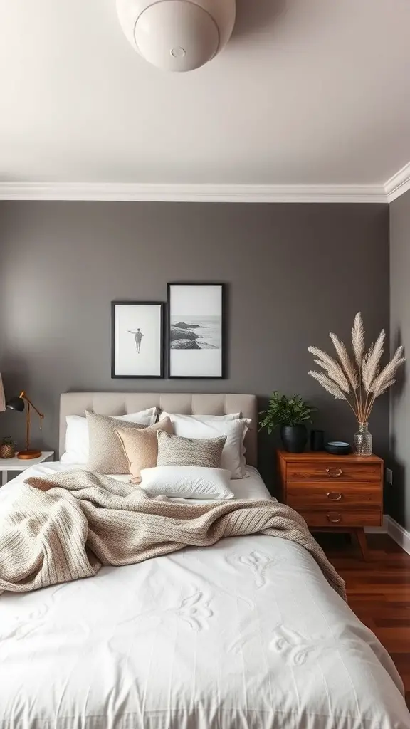 Cozy modern bedroom with neutral tones and soft textures, featuring a bed with layered blankets and decorative cushions.