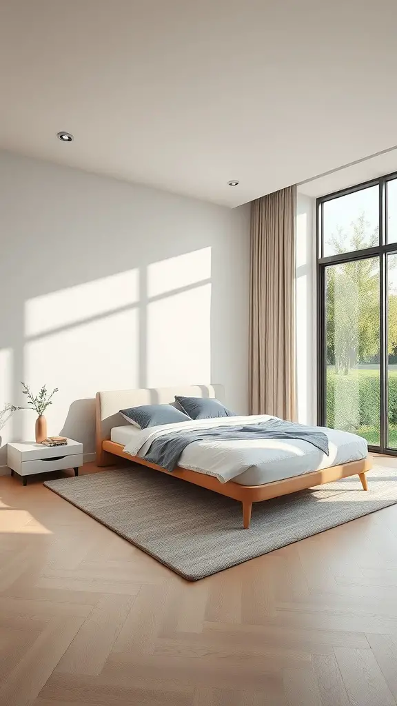A modern minimalist bedroom with a wooden bed, simple bedding, and large windows allowing natural light.