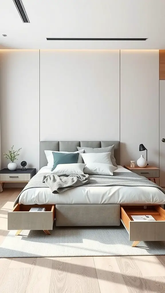 Modern bedroom featuring a bed with built-in drawers and minimalist decor