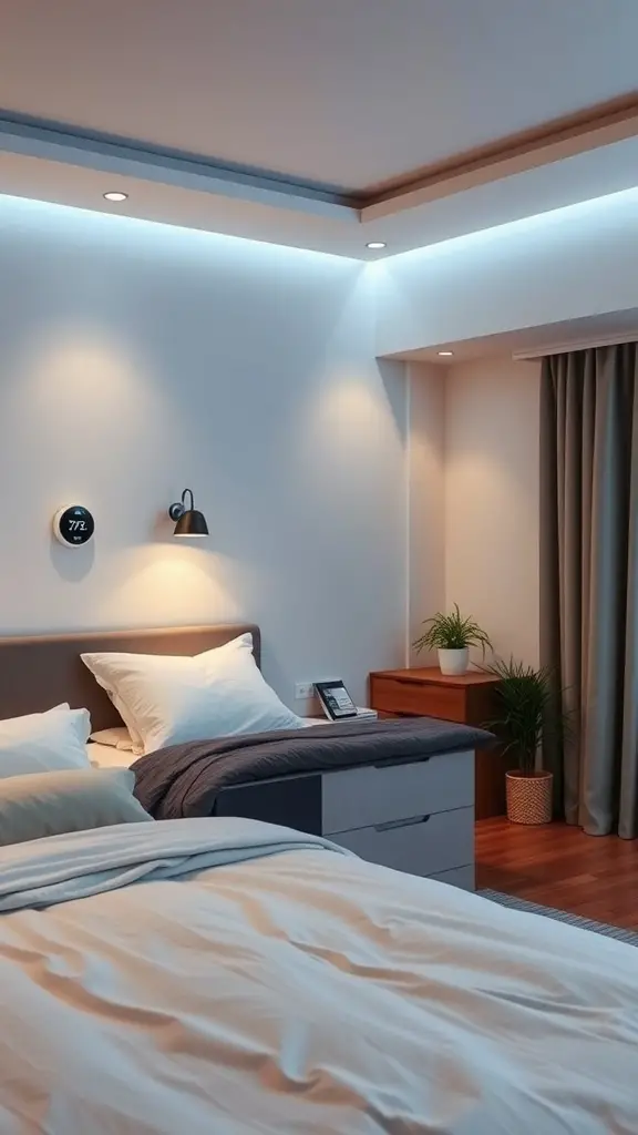 A modern bedroom with smart technology features including a thermostat and ambient lighting.