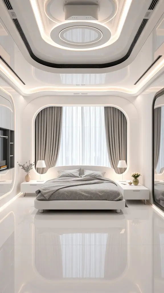 A modern bedroom featuring smart technology elements like adjustable lighting and sleek furniture.