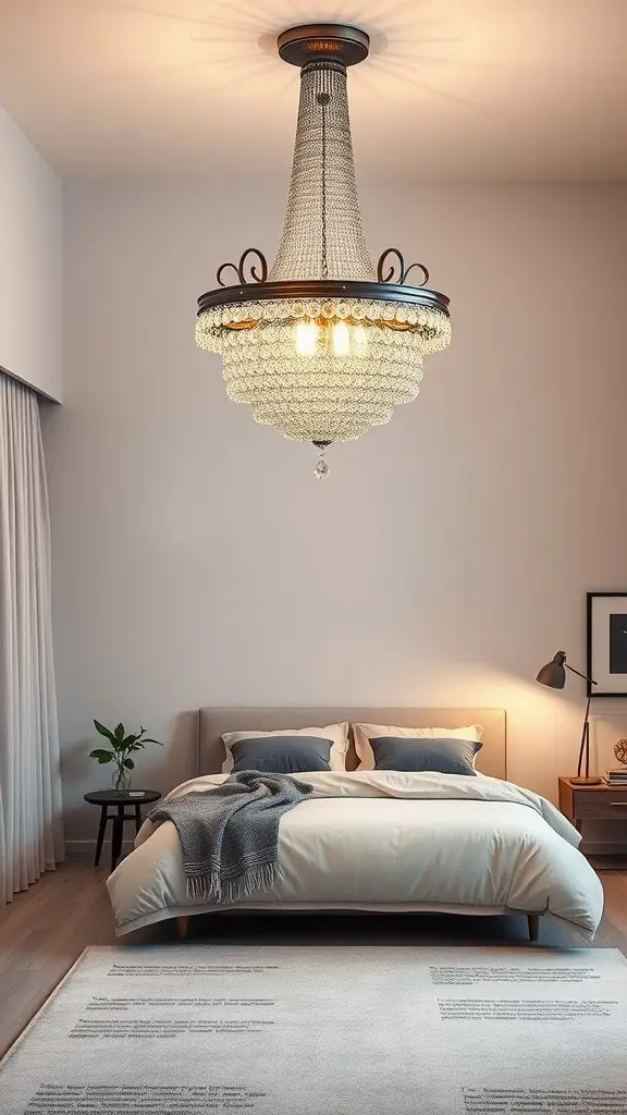 A modern bedroom featuring a chandelier light fixture, a cozy bed with soft pillows, and a stylish side table.