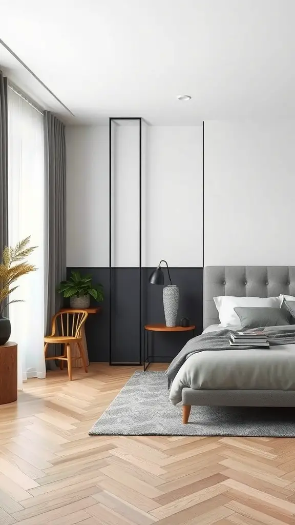 A modern bedroom with a stylish black room divider, featuring a comfortable bed, a wooden chair, and plants.