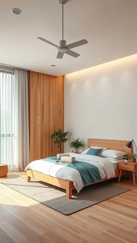 A modern bedroom featuring natural wood elements, soft textiles, and plants for a calming atmosphere.