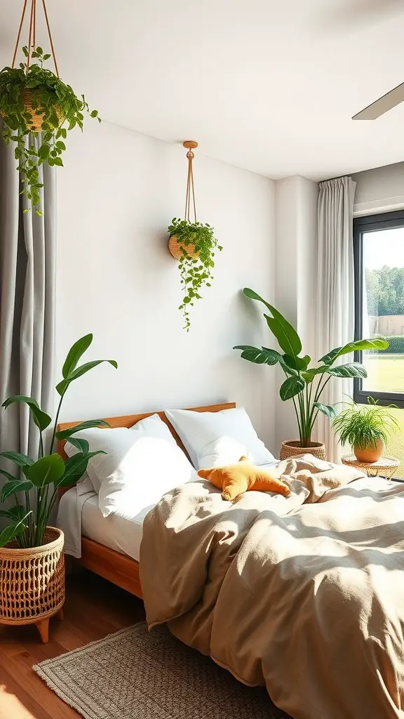 A modern bedroom featuring a wooden bed, natural light, and hanging plants, showcasing sustainable design elements.