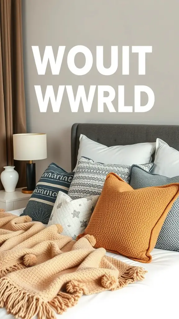 A modern bedroom featuring an arrangement of textured accent pillows in various colors and patterns, along with a cozy throw blanket.