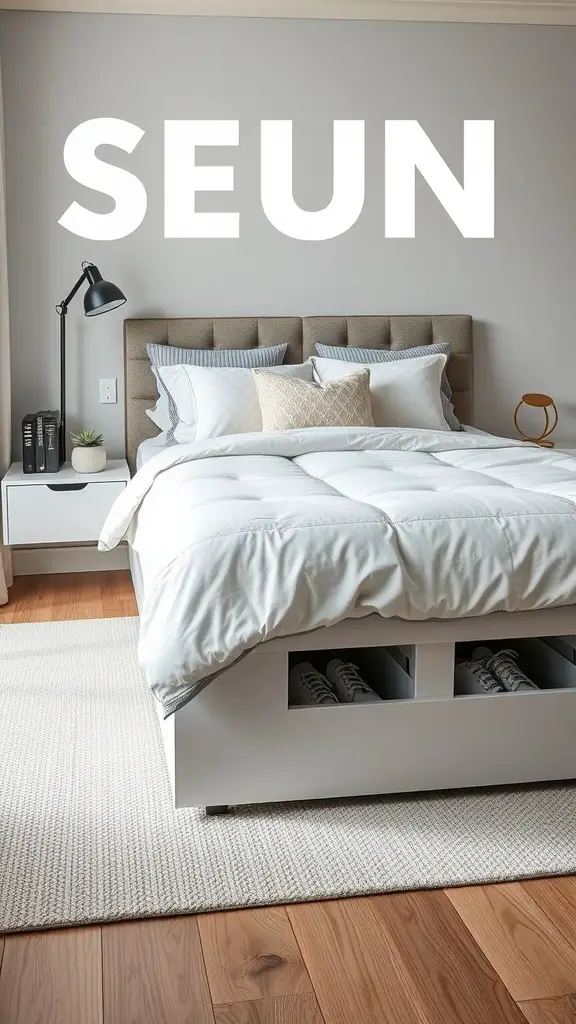 A modern bedroom featuring a stylish bed with under-bed storage drawers.