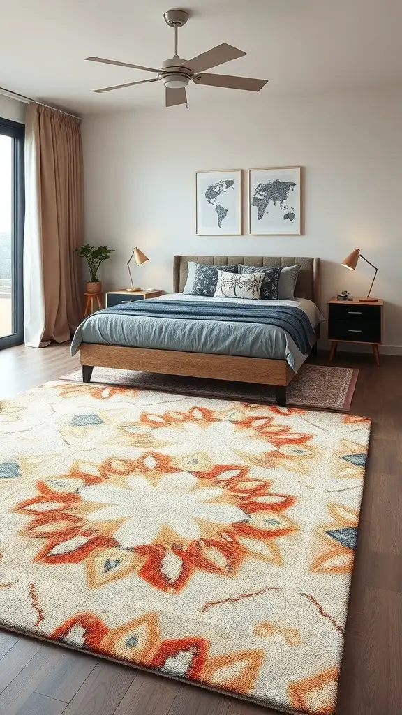 A modern bedroom featuring a unique area rug with vibrant patterns, a comfortable bed, and stylish decor.