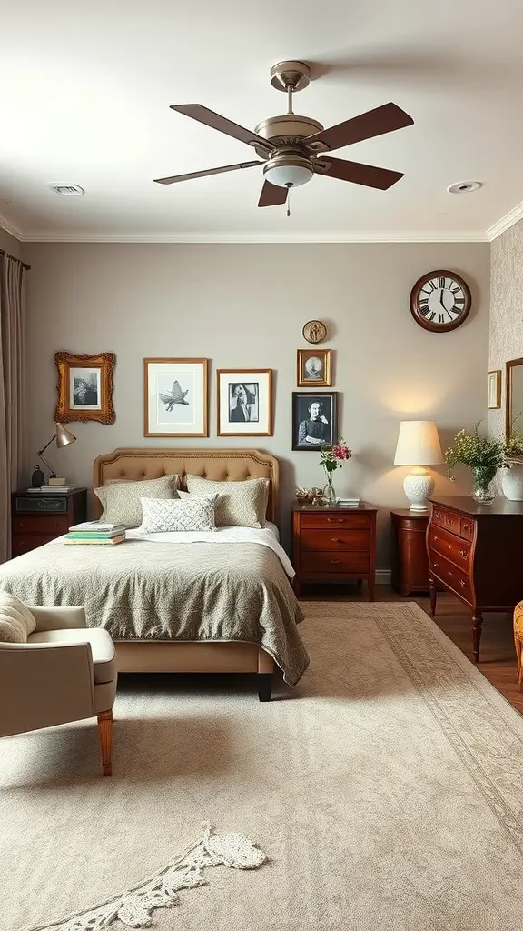A cozy bedroom featuring a mix of vintage and modern decor, with warm wood furniture and framed artworks.