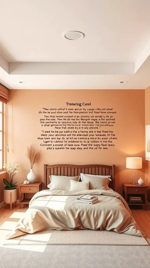 A cozy modern bedroom with warm peach walls, a wooden bed frame, and neutral bedding.