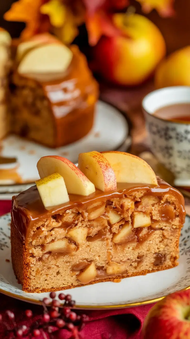 Moist and Delicious Apple Dapple Cake Recipe A slice of Apple Dapple Cake with caramel glaze, fresh apples, and a cozy fall setting.