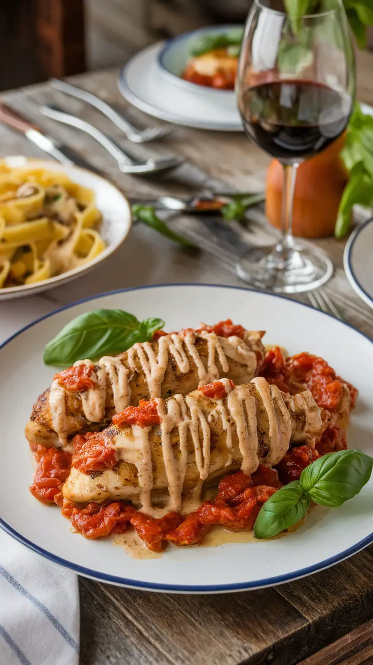 Easy Marry Me Chicken Recipe A plate of Marry Me Chicken with creamy sauce and fresh basil, served with pasta, on a rustic wooden table.