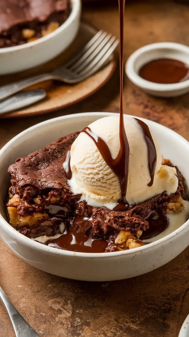 Decadent Southern Chocolate Cobbler Recipe A delicious bowl of Southern Chocolate Cobbler with ice cream, set on a rustic table.